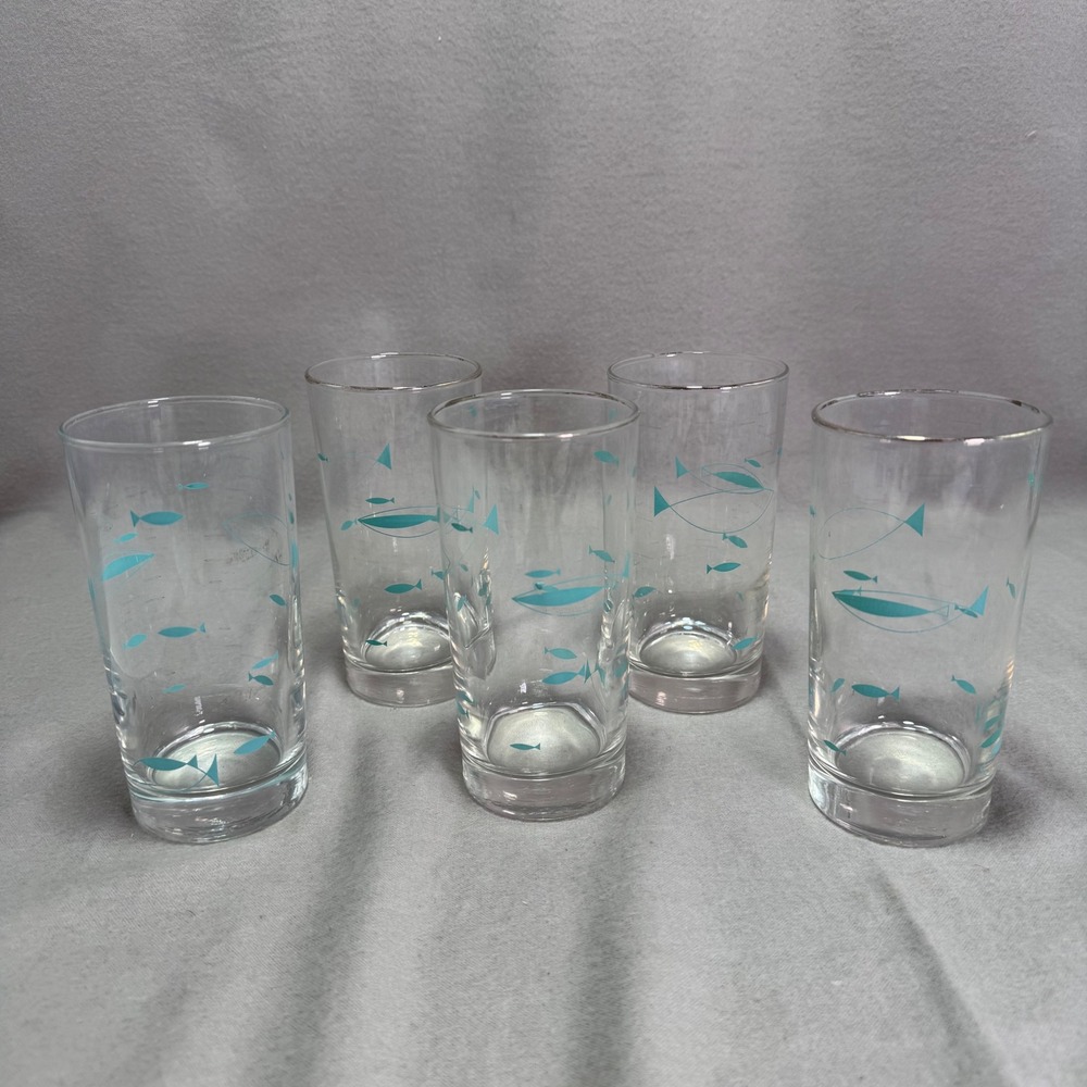 Libbey Mediterranean Atomic Fish Glass Tumblers Aqua MCM Drinking Glass Set of 5